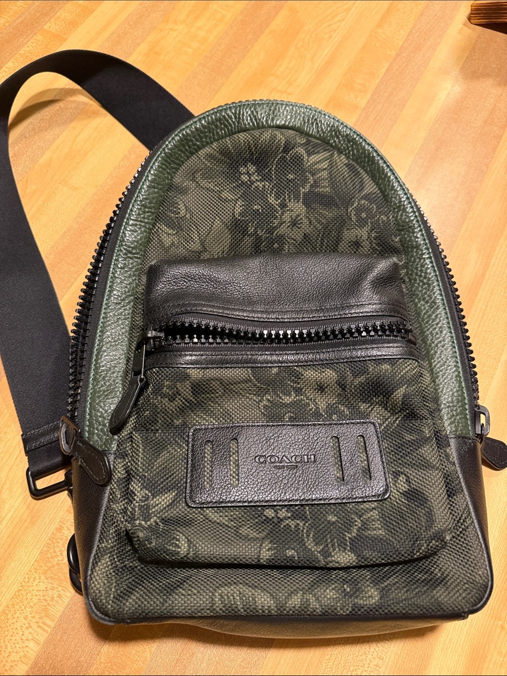 COACH Olive Green Floral Canvas Crossbody Sling Bag with Black Leather Trim